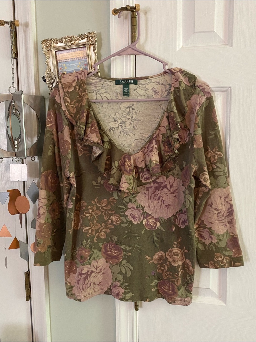 Lauren Ralph Lauren Olive Floral Ruffle V-Neck 3/4 Sleeve Cotton Top Womens L